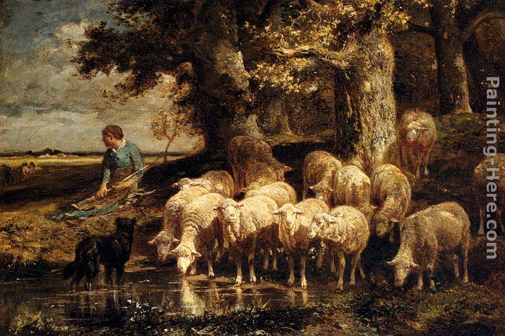 Charles Emile Jacque A Shepherdess With Her Flock